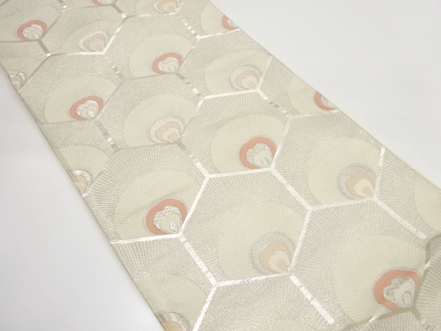 アンティーク　亀甲繋ぎに孔雀羽根模様織り出し袋帯（着用可）